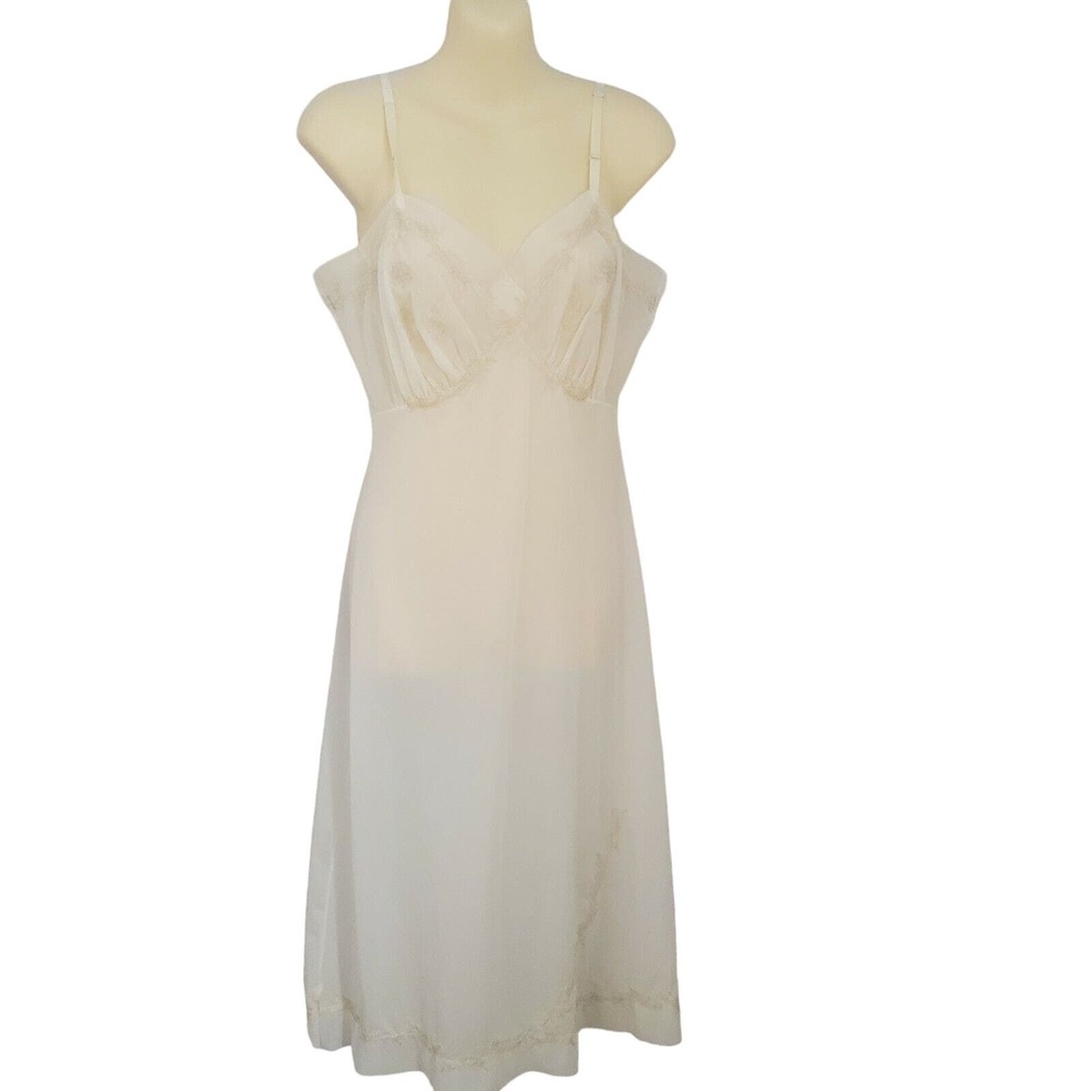 Vintage 1950s Van Raalte Sz 34 Ivory Sheer Nylon Full Slip Mid-Century Lingerie